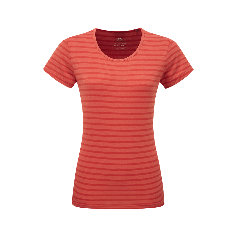 Mountain Equipment Groundup Stripe Women's Tee Outdoor Action Rosewood Stripe- front