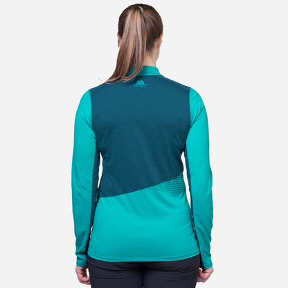 Mountain Equipment Nava LS Women's Zip T Outdoor Action Topaz/Majolica - Back Fit on Model