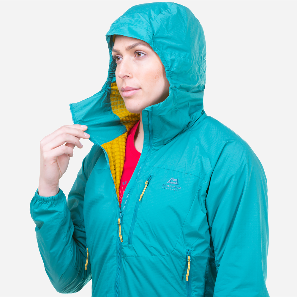 Mountain Equipment Aerotherm Women's Jacket Outdoor Action Jade - Adjustable Mountain Hood