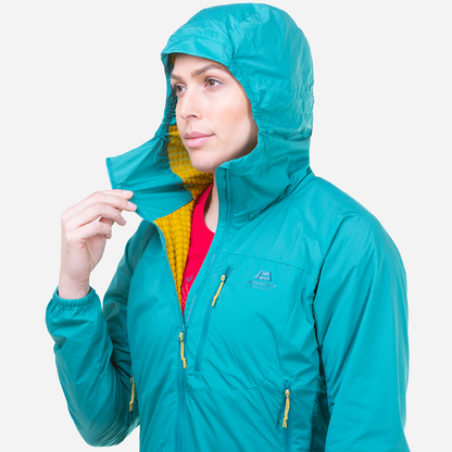 Mountain Equipment Aerotherm Women's Jacket Outdoor Action Jade - Adjustable Mountain Hood