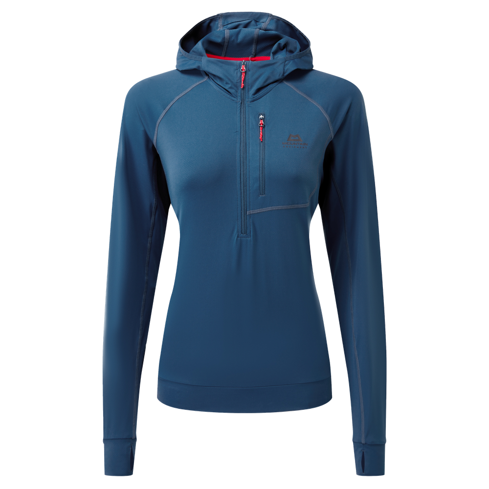 Mountain Equipment Aiguille Hooded Women's Top Outdoor Action Majolica Blue - Front