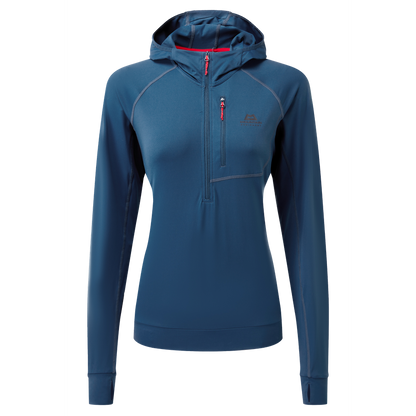 Mountain Equipment Aiguille Hooded Women's Top Outdoor Action Majolica Blue - Front