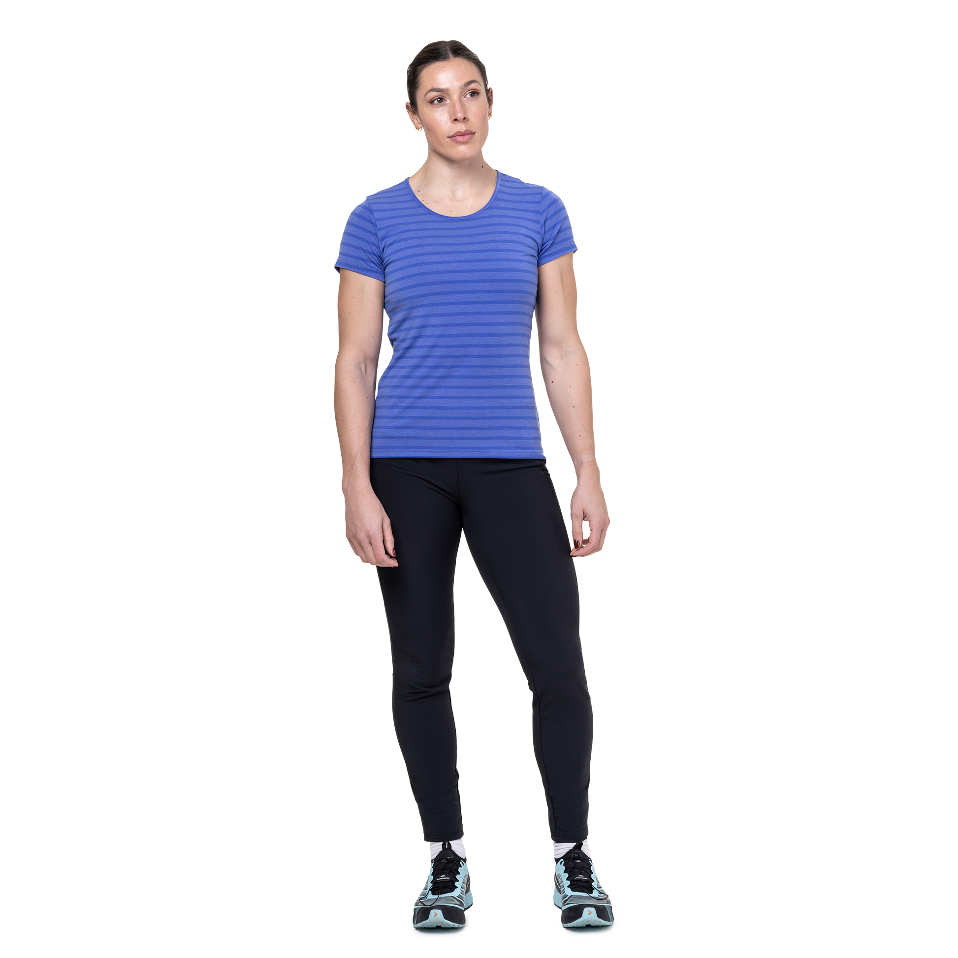Mountain Equipment Groundup Stripe Women's Tee Outdoor Action Vivid Stripe- front fit on model