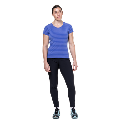 Mountain Equipment Groundup Stripe Women's Tee Outdoor Action Vivid Stripe- front fit on model