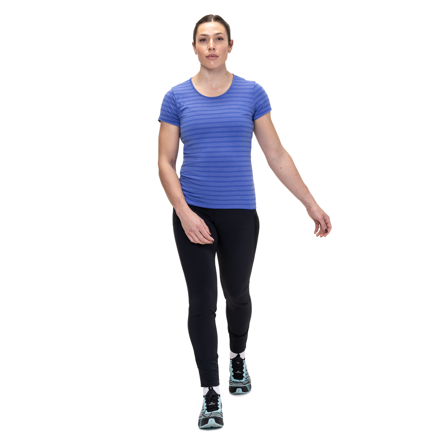 Mountain Equipment Groundup Stripe Women's Tee Outdoor Action Vivid Stripe- front fit on model