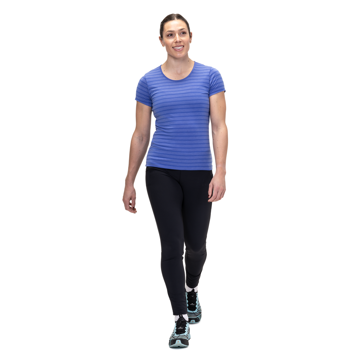 Mountain Equipment Groundup Stripe Women's Tee Outdoor Action Vivid Stripe- front fit on model