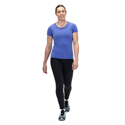 Mountain Equipment Groundup Stripe Women's Tee Outdoor Action Vivid Stripe- front fit on model