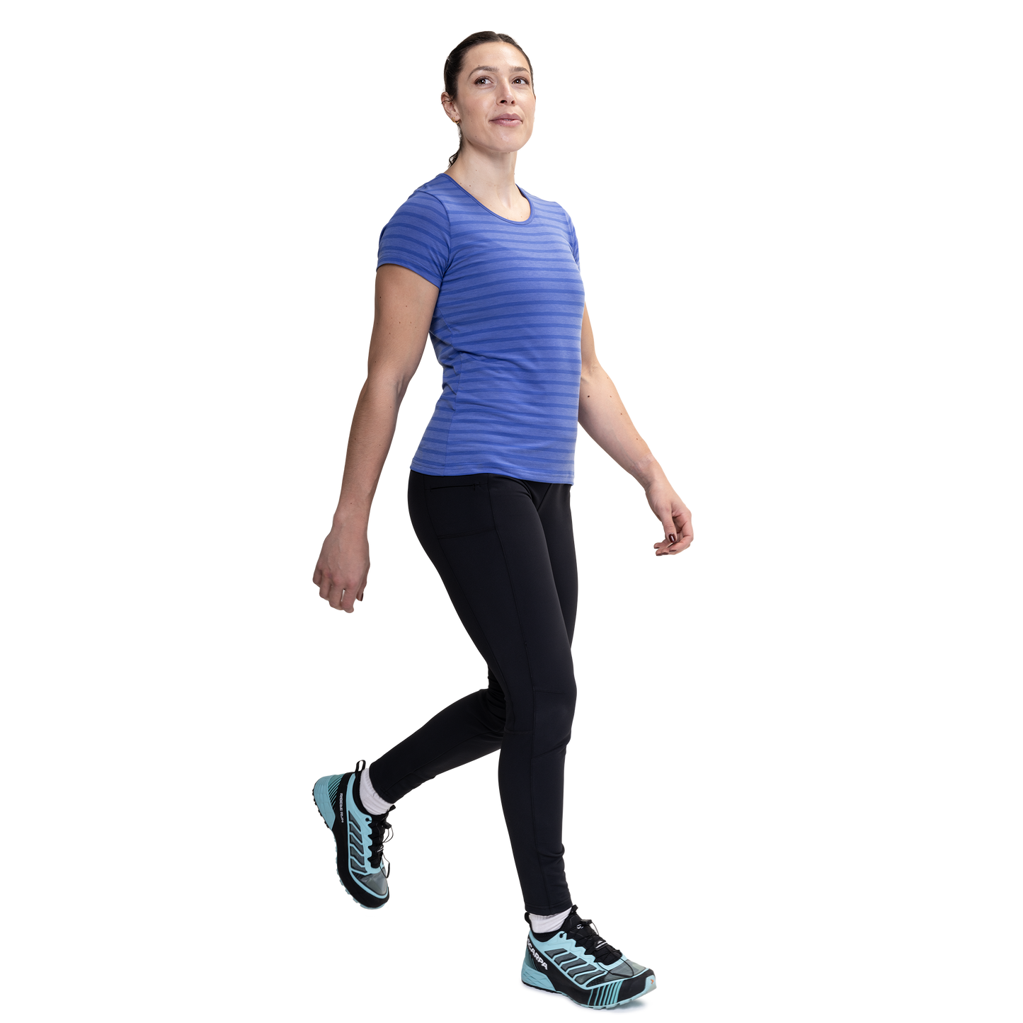 Mountain Equipment Groundup Stripe Women's Tee Outdoor Action Vivid Stripe- side fit on model