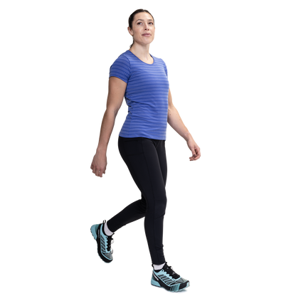 Mountain Equipment Groundup Stripe Women's Tee Outdoor Action Vivid Stripe- side fit on model