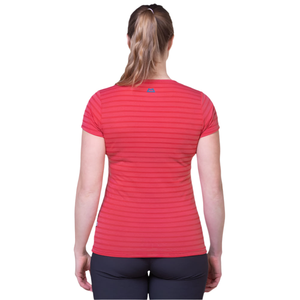 Mountain Equipment Groundup Stripe Women's Tee Outdoor Action Rosewood Stripe- back fit on model