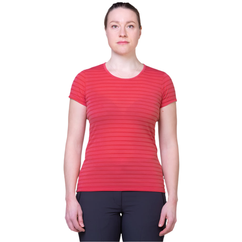 Mountain Equipment Groundup Stripe Women's Tee Outdoor Action Rosewood Stripe- front fit on model