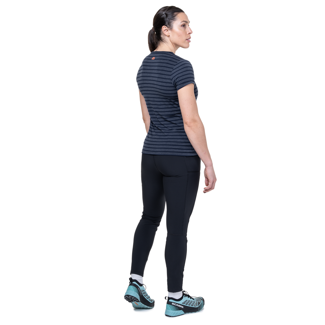 Mountain Equipment Groundup Stripe Women's Tee Outdoor Action Cosmos Stripe- back fit on model