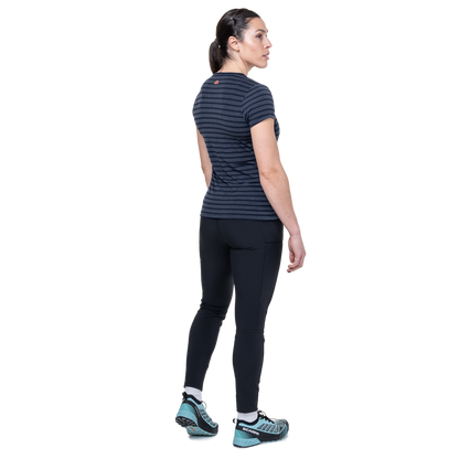 Mountain Equipment Groundup Stripe Women's Tee Outdoor Action Cosmos Stripe- back fit on model