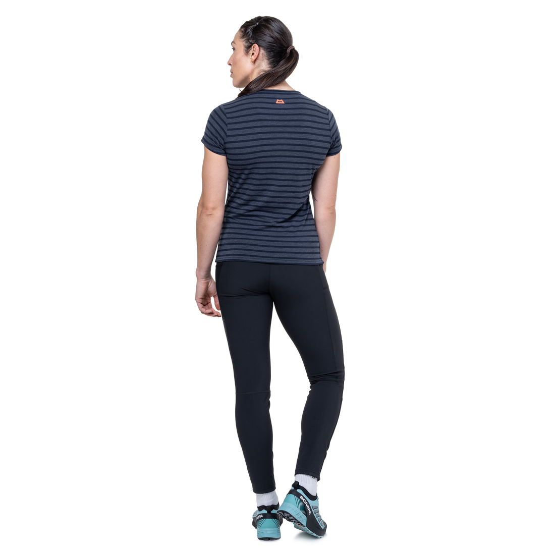 Mountain Equipment Groundup Stripe Women's Tee Outdoor Action Cosmos Stripe- back fit on model