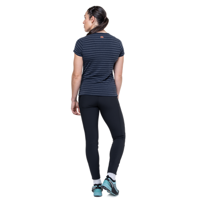 Mountain Equipment Groundup Stripe Women's Tee Outdoor Action Cosmos Stripe- back fit on model