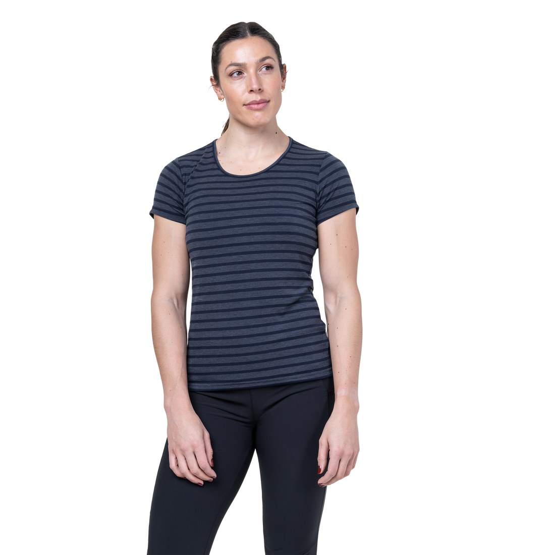 Mountain Equipment Groundup Stripe Women's Tee Outdoor Action Cosmos Stripe- front fit on model