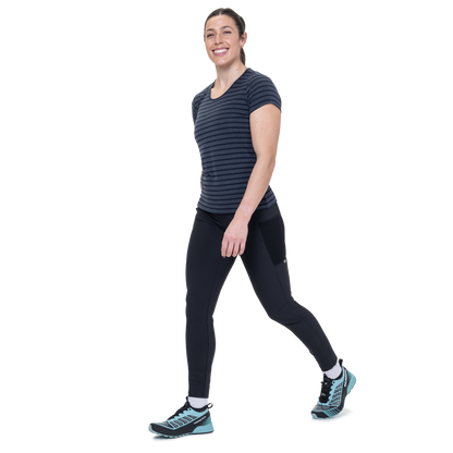 Mountain Equipment Groundup Stripe Women's Tee Outdoor Action Cosmos Stripe- side fit on model