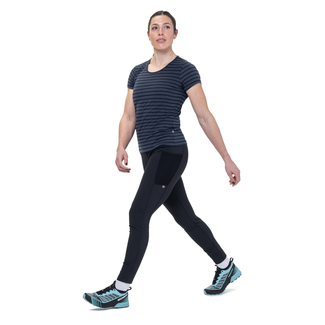 Mountain Equipment Groundup Stripe Women's Tee Outdoor Action Cosmos Stripe- side fit on model