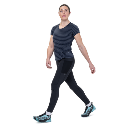 Mountain Equipment Groundup Stripe Women's Tee Outdoor Action Cosmos Stripe- side fit on model