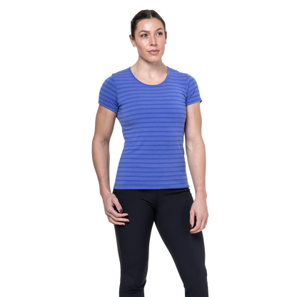 Mountain Equipment Groundup Stripe Women's Tee Outdoor Action Vivid Stripe- front fit on model